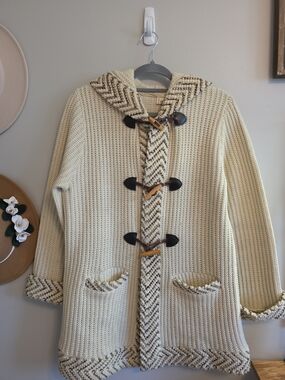 JCPenney Vintage Cream Hooded Toggle Knit Pea Coat with Chevron Trim